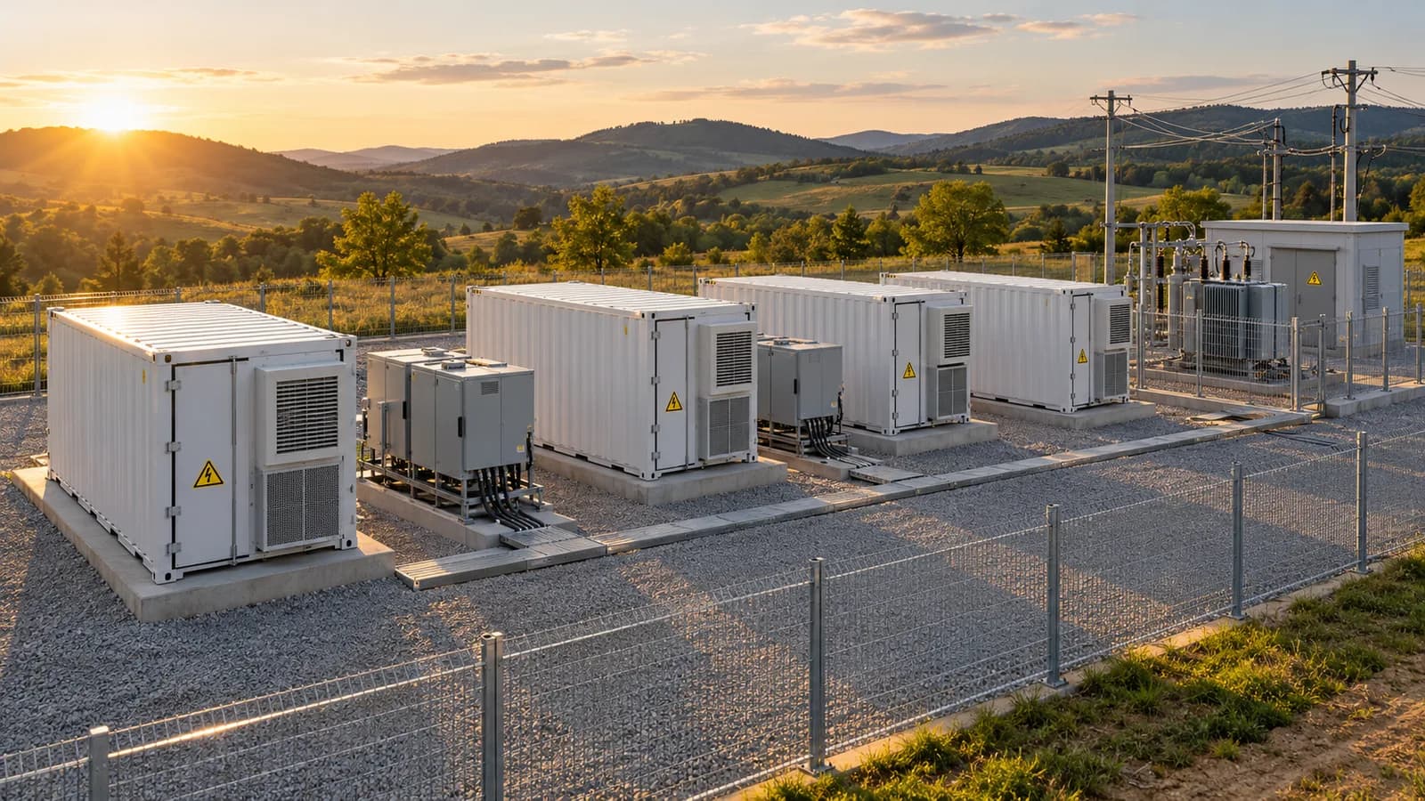 BESS installation: battery containers, PCS power converters and a transformer station connected to the grid