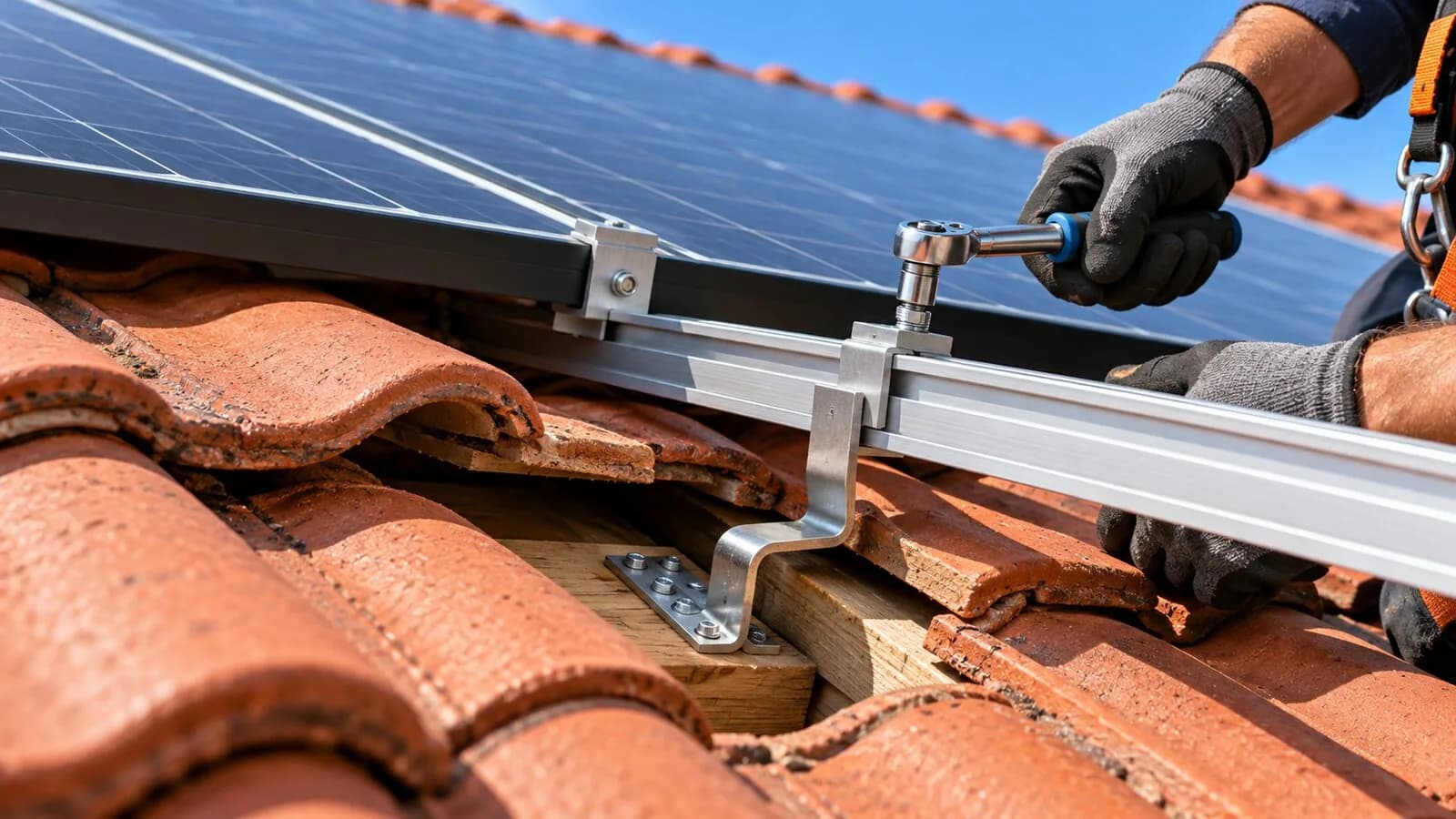 Panouri fotovoltaice pe acoperiș de țiglă, cu profile și cârlige fixate în căpriori