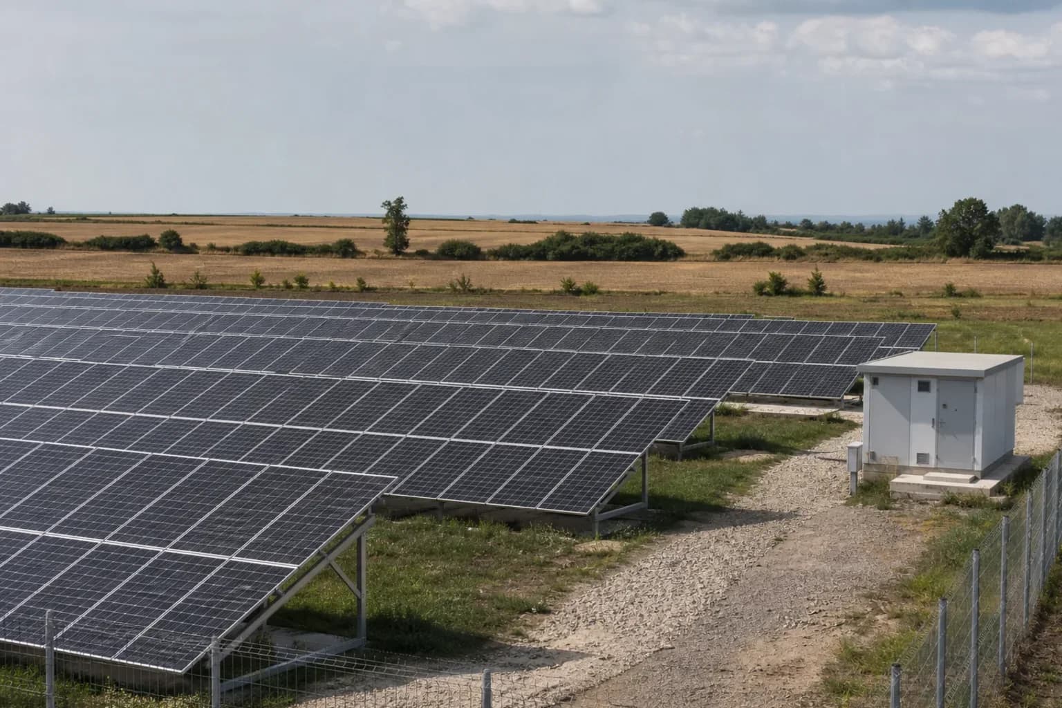 Parc fotovoltaic amplasat într-un peisaj agricol