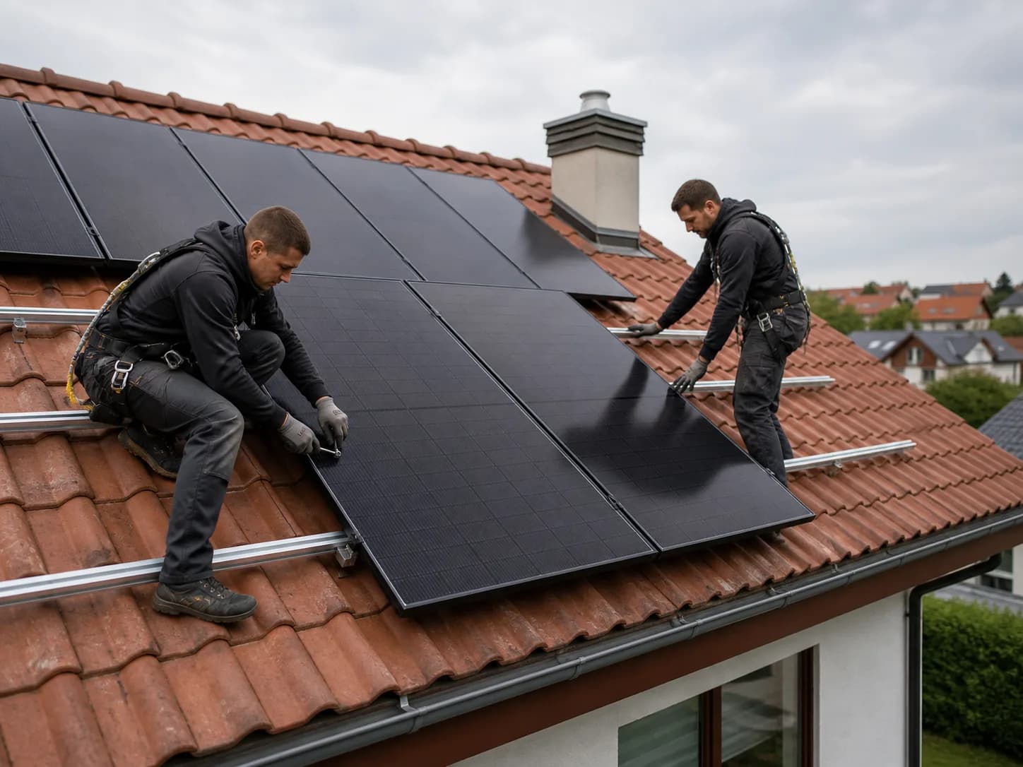 Echipă tehnică instalând un sistem fotovoltaic pe acoperiș