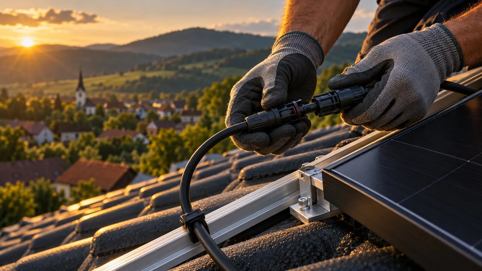 Electrician care conectează o mufă MC4 pe un cablu solar de 6 mm², pe acoperiș
