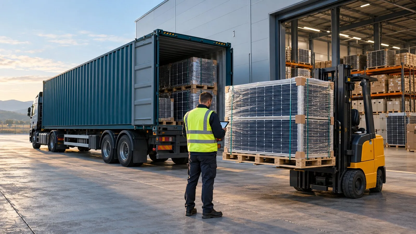 Descărcarea unui container cu paleți de panouri fotovoltaice la depozit