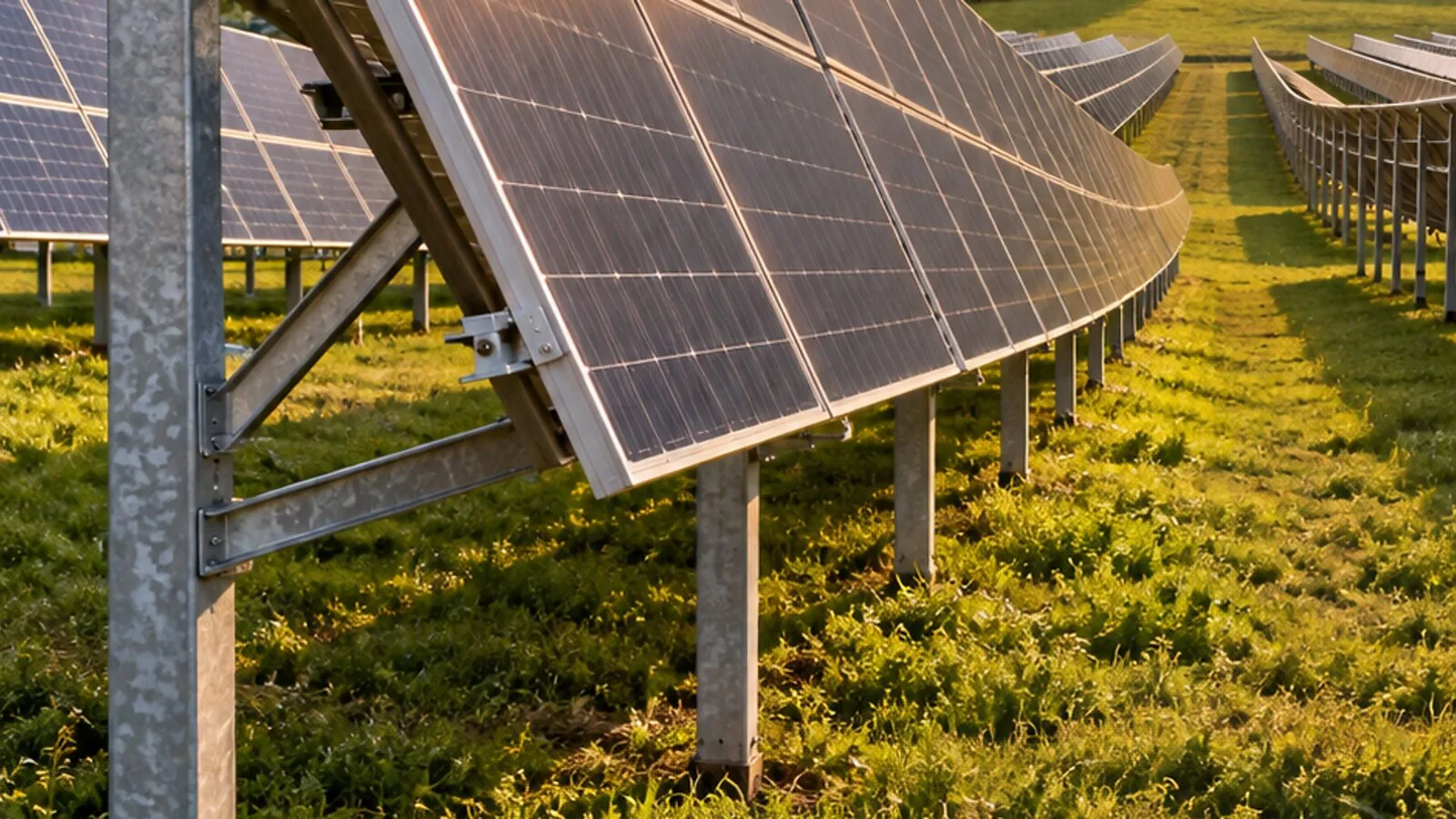 Structură fotovoltaică la sol cu panouri în portret pe două rânduri și culoar de întreținere