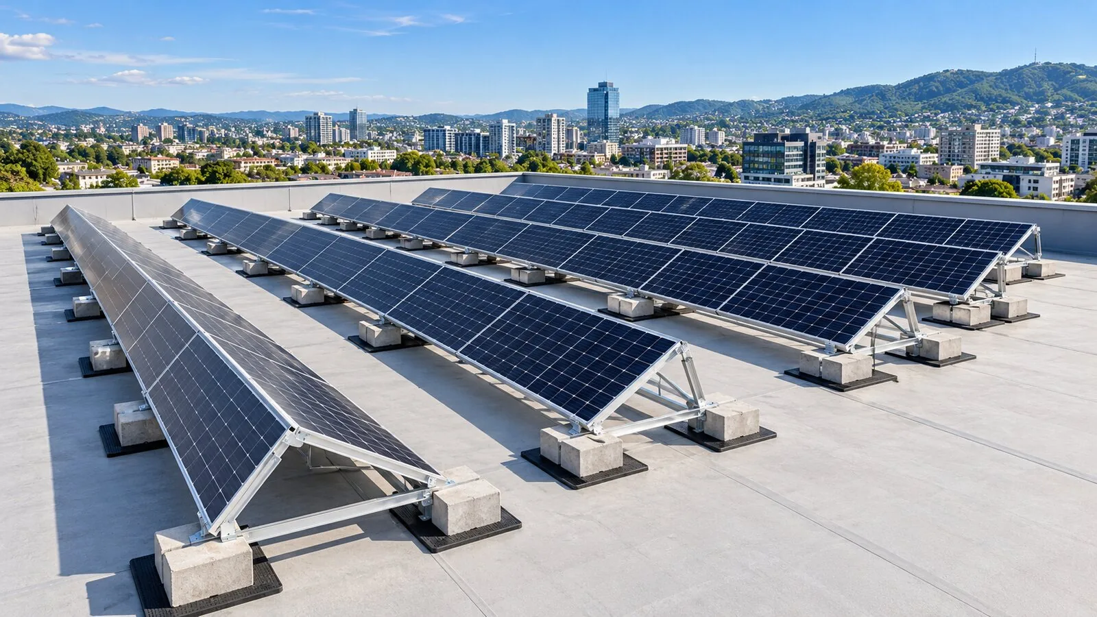 Panouri fotovoltaice înclinate pe o terasă, cu reazeme care protejează hidroizolația