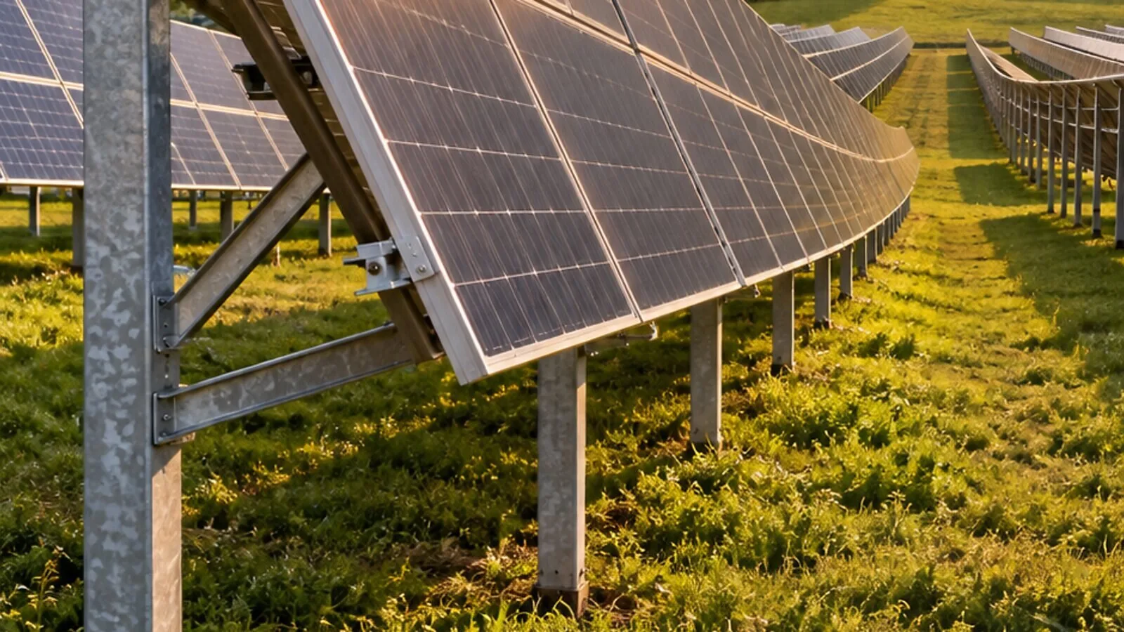 Structură fixă din oțel galvanizat într-un parc fotovoltaic